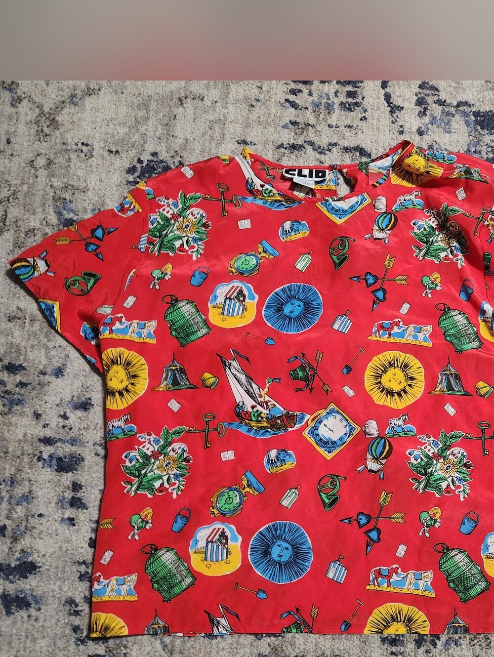 Vintage Silk Red Nautical & Sun Print Short Sleeve Top